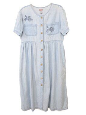 Vintage 90s FADS Sz 14 Fish Motif Cotton Button Front Denim Modest Midi Dress
